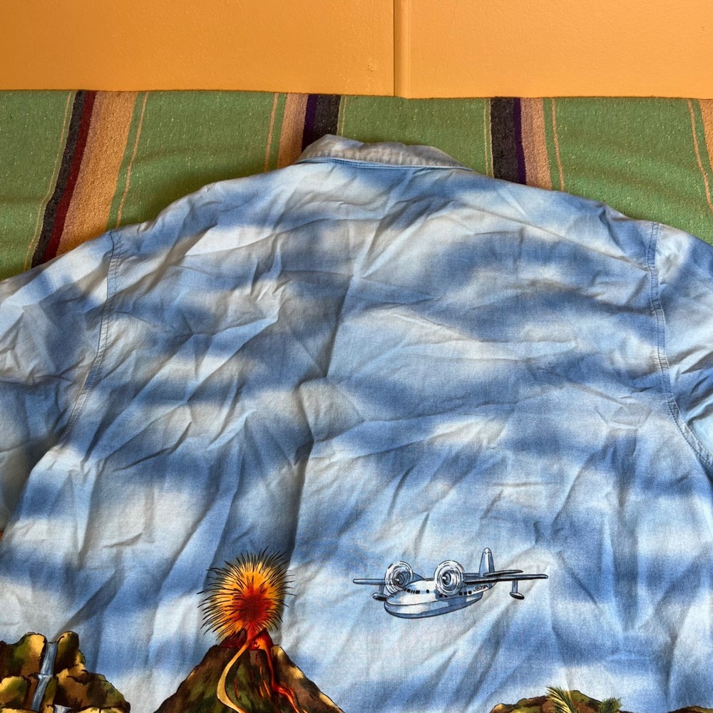 Koko Island Hawaiian Shirt Mens Large Blue Tropical Volcano Seaplane Made in USA - Picture 11 of 12